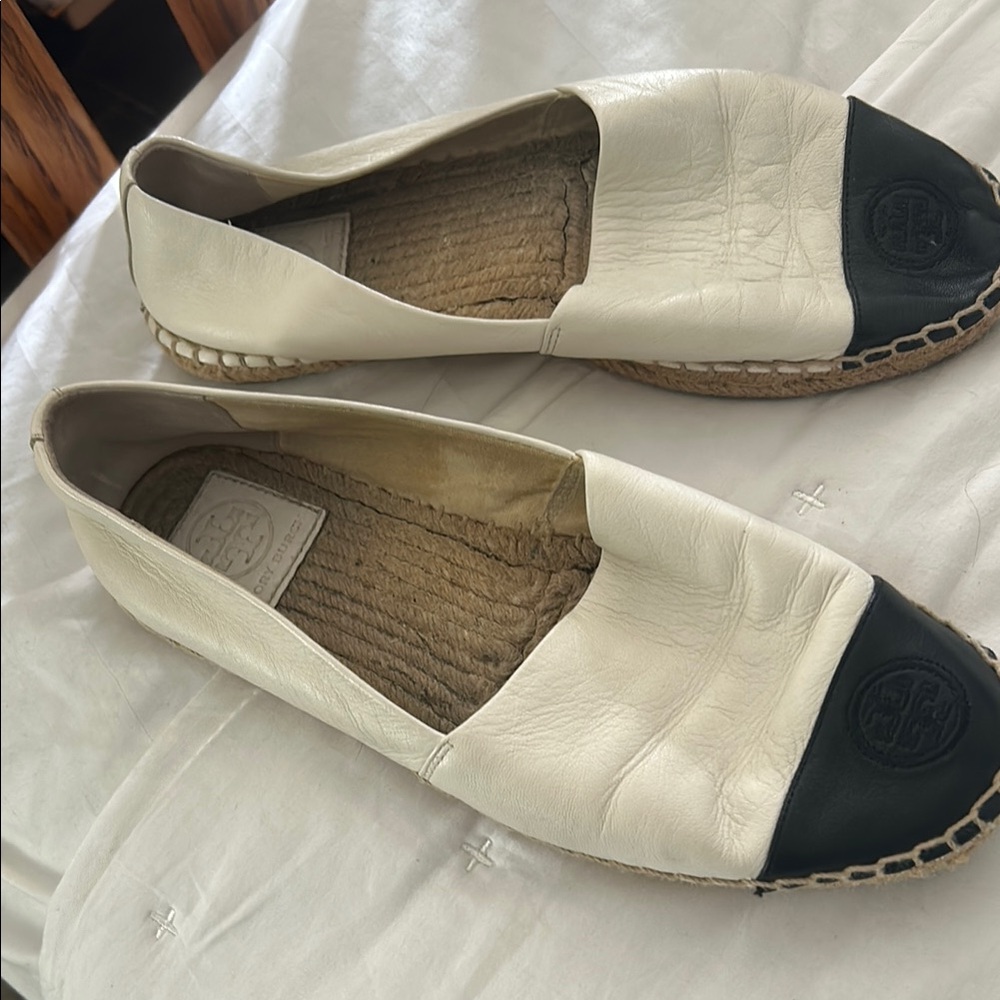 Tory Burch Cream and Black Espadrille Flats